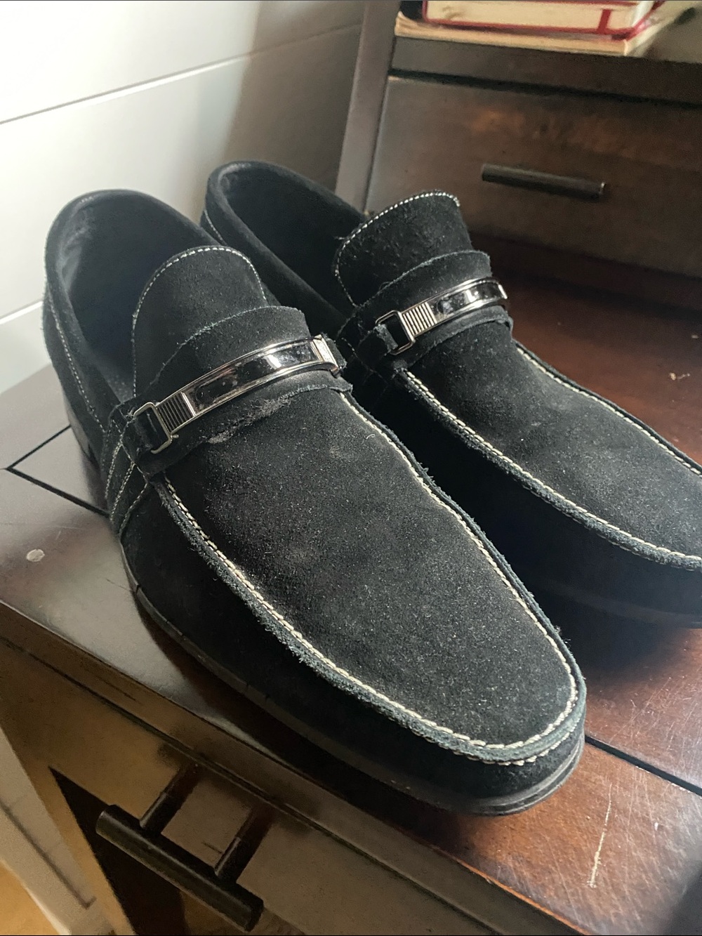 Stacy Adams Black Suede Slip-On Loafers with Silver Hardware
